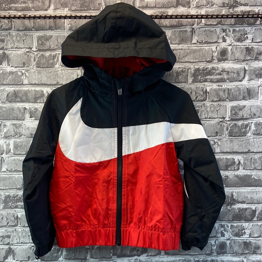 Boy’s Nike Kids Black and Red Raincoat with White Swoosh
